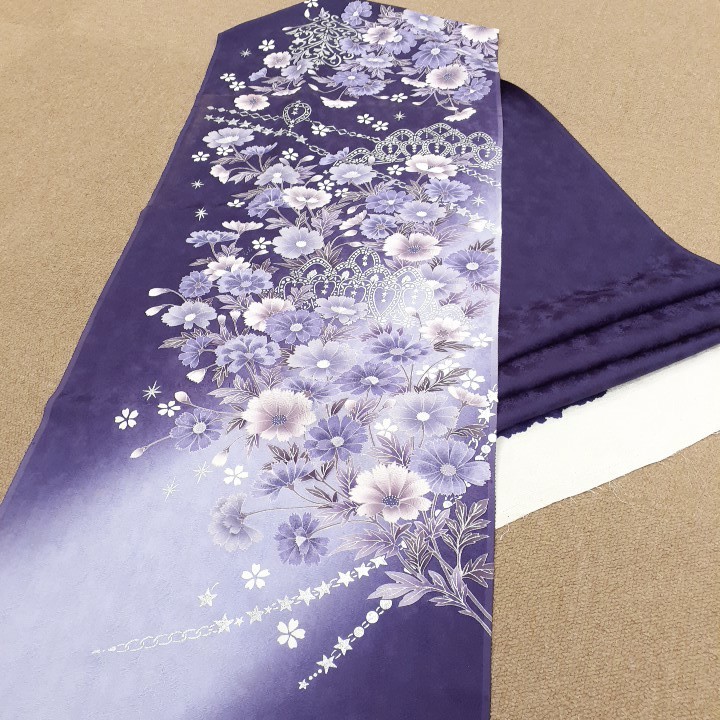 正絹　91404　紫色　ぼかし　花柄　シルバー色　シルク230cm　はぎれ　ハギレ　リメイク　ハンドメイド