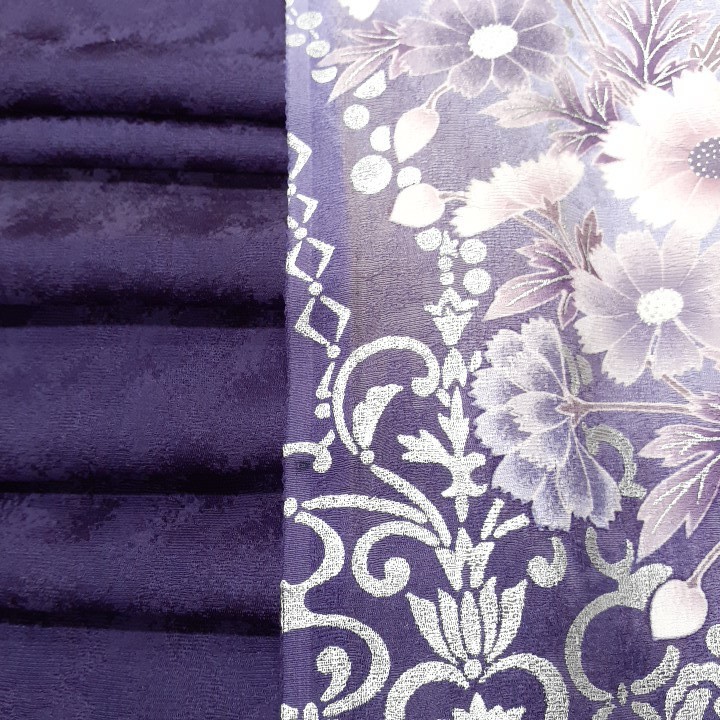 正絹　91701　紫色　花柄　シルク4枚　はぎれ　ハギレ　リメイク　ハンドメイド