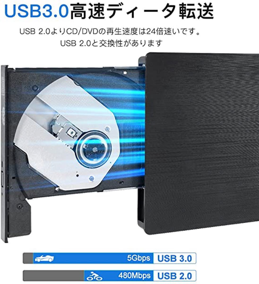 外付けDVDドライブ ポータブル DVDプレイヤー DVD±RW USB3.0 CD-RW Window 薄型