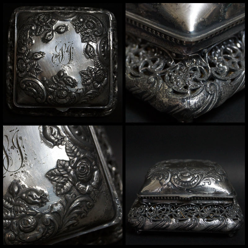 閑】19世紀Meriden Quadruple jewelry box宝石箱銀メッキ金工