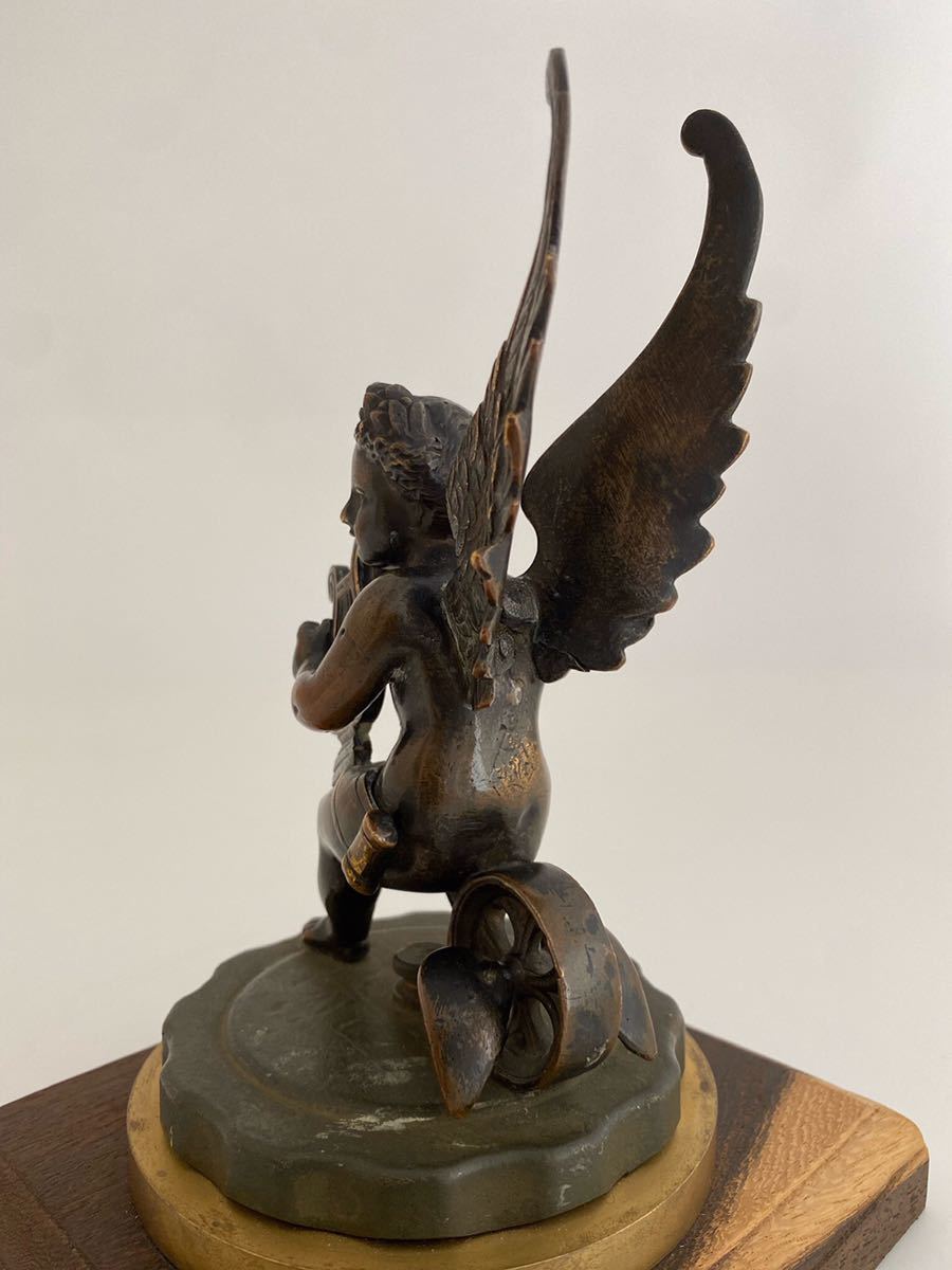 Winged Cherub,Sitting on a winged wheel.琴を弾く天使1910年代の英国製マスコット,1870年代の彫刻ブロンズ製 FoundryMarks_画像5