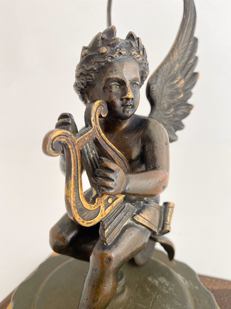 Winged Cherub,Sitting on a winged wheel.琴を弾く天使1910年代の英国製マスコット,1870年代の彫刻ブロンズ製 FoundryMarks_画像7