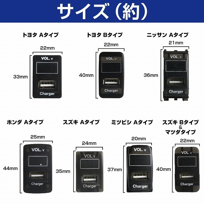 ミツビシAタイプ グランディス NA4W LED発光：ブルー 電圧計表示 USBポート 充電 12V 2.1A 増設 パネル USBスイッチホールカバー_画像6