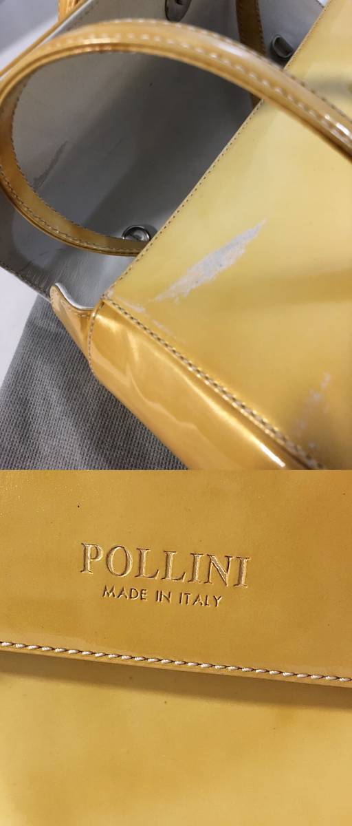 送料無料♪難あり POLLONI ポリーニ パテントレザー ハンドバッグ イエロー ヴィンテージ_画像3