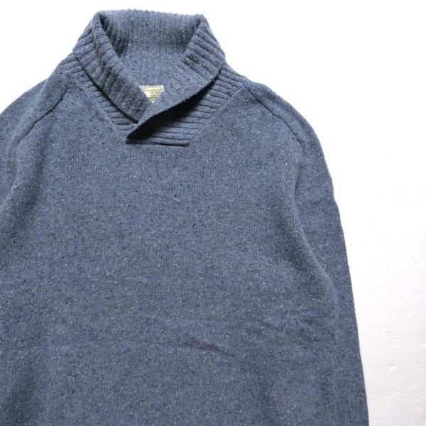 アイルランド製 アランウーレンミルズ Aran Woollen Mills カラーネップ ショールカラー ウール ニットセーター (XL) 青灰系 アランニット