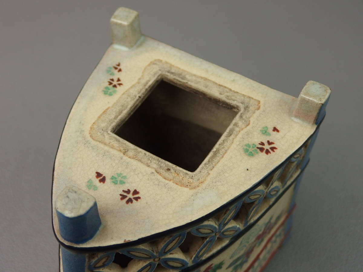 骨董・茶道具】☆古い 京焼 清水焼色絵船形香炉 co043til 古清水