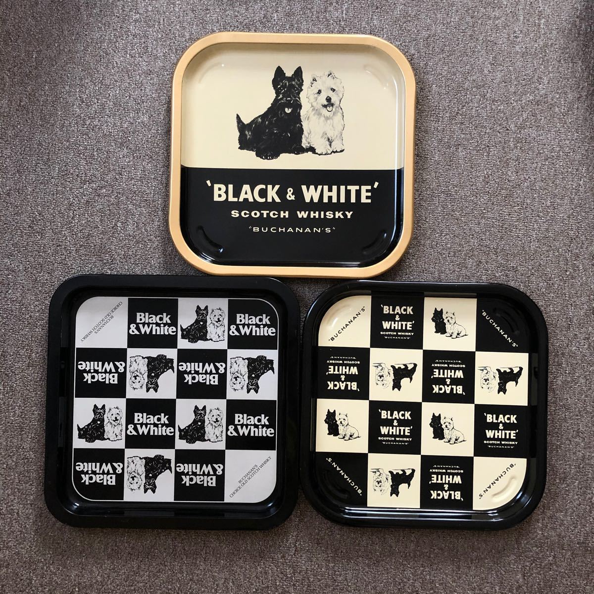 【Black&White ブリキ トレイ】トレー お盆 3枚 ビンテージ スコッチ ウイスキー ブラックアンドホワイト インテリア