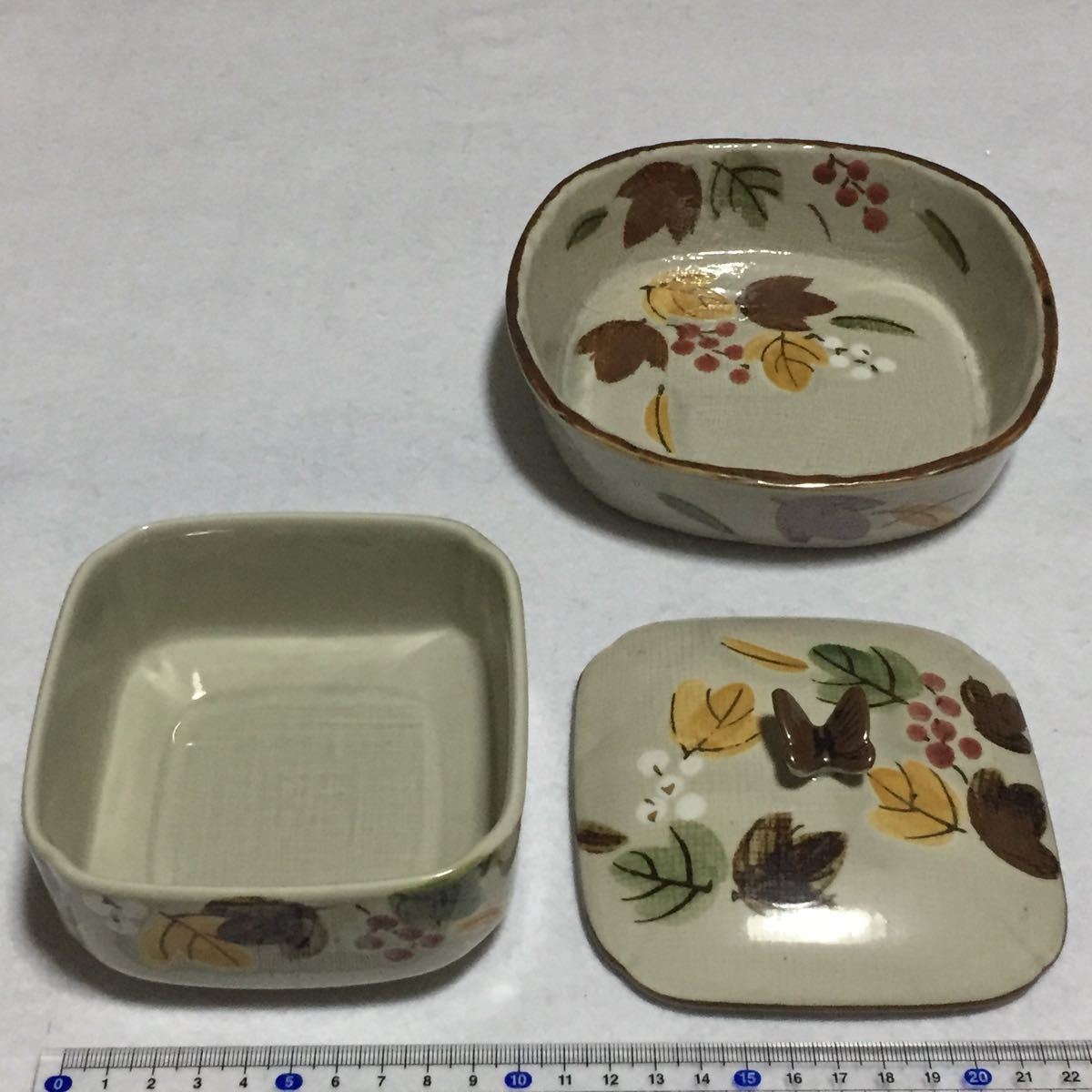 未使用 食器 蓋付き小鉢 盛り皿 2個セット / 葉っぱ柄 蝶 深皿 小鉢
