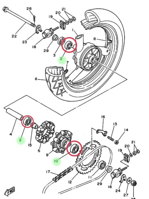 YAMAHA FZ6 日本製 後リアホイール ハブベアリング 抜き工具 画像付き詳細作業手順 レストア スプロケ DIY 修理_リアホイール用