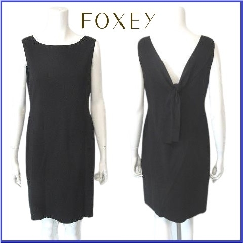 【美品】 最高級ライン フォクシー ブティック FOXEY BOUTIQUE ストレッチ パーティ ドレス ワンピース ノースリーブ バックリボン  40 黒