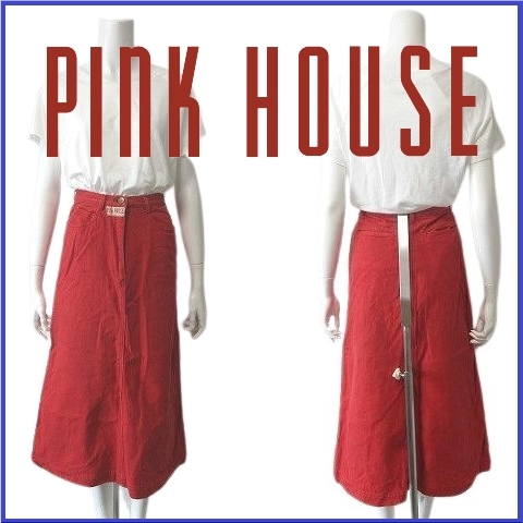ピンクハウス PINK HOUSE デニム ロング スカート ロゴ タイト ボトムス インゲボルグ レッド 赤 レディース