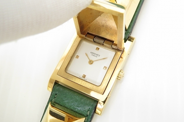 apw エルメス HERMES クォーツ 腕時計 [693505] メドール 緑 ○X刻印