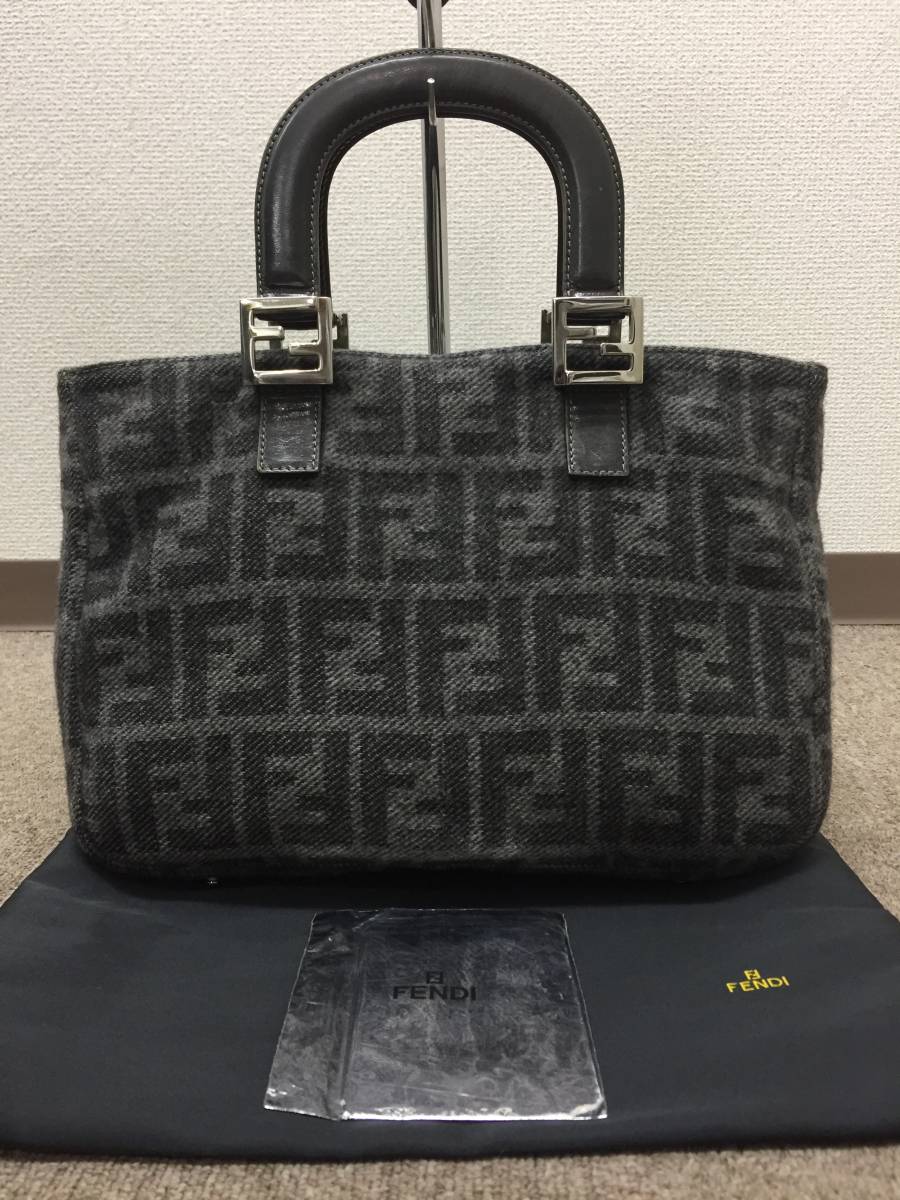 美品！希少！格安！FENDI フェンディ ズッカ柄 FF金具 シルバー金具 カシミア カシミヤ レザー ハンドバッグ トートバッグ