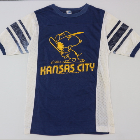 70s USA製 ARTEX SNOOPY フットボール Tシャツ M ブルー サイドメッシュ スヌーピー Kansas City PEANUTS キャラクター ヴィンテージ