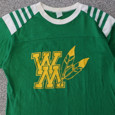 80s ヴィンテージ フットボール Tシャツ グリーン WM 羽 大学 カレッジ チーム ロゴ USA 90s ヴィンテージ_画像3