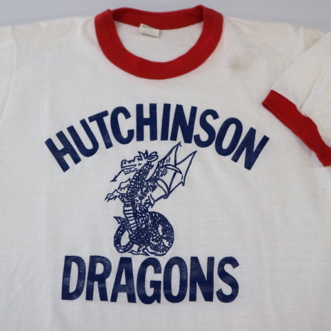 70s HUTCHINSON DRAGONS リンガー Tシャツ M ホワイト レッド ドラゴン 龍 イラスト 半袖 ロゴ チーム USA ヴィンテージ_画像1