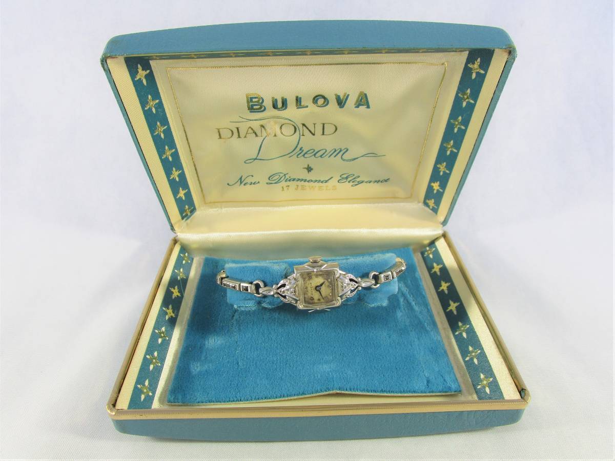 1955年-1956年製 BULOVA ブローバ アンティーク ビンテージ 手巻き 腕時計 1950年代アメリカ 女性用 シルバー銀色 ダイヤモンドウォッチ 箱_画像1