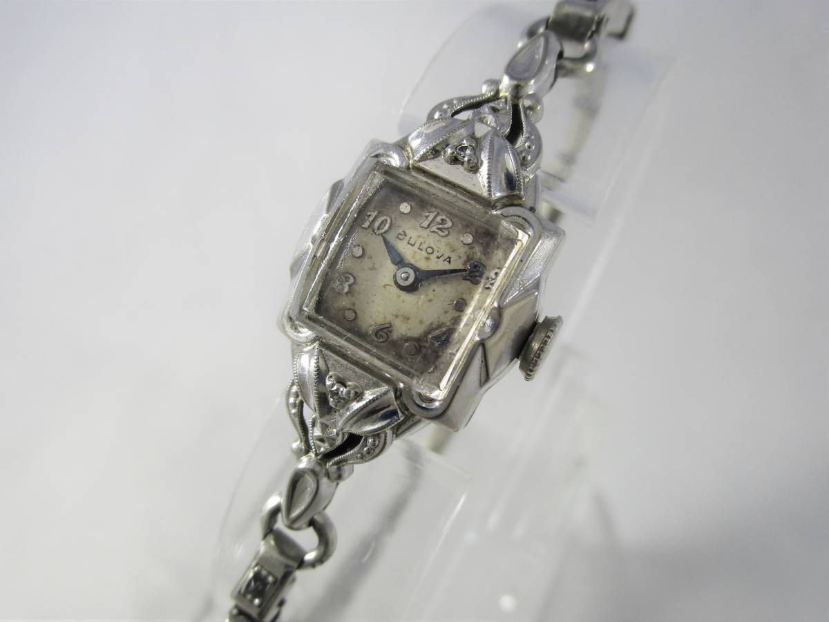 1955年-1956年製 BULOVA ブローバ アンティーク ビンテージ 手巻き 腕時計 1950年代アメリカ 女性用 シルバー銀色 ダイヤモンドウォッチ 箱_画像7