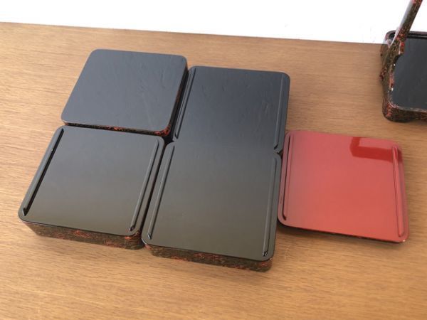新作人気モデル 未使用品 保存品 津軽塗 唐塗 5.5寸 四段手提弁当 重箱