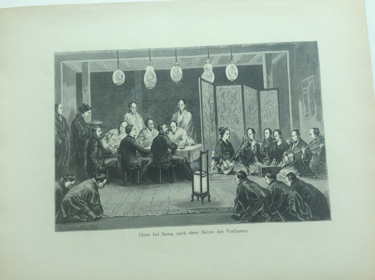 ヒュブナー男爵日本紀行から 澤外務卿との晩餐会 オリジナル木版画