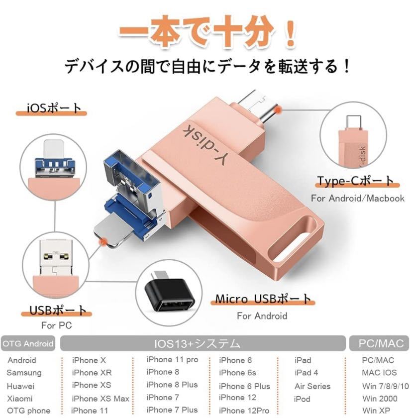 USBメモリー フラッシュドライブ 4in1 Phone PC Android Pad対応 usbメモリー アイフォンと互換性あり フラッシュメモリー (32GB, ピンク)