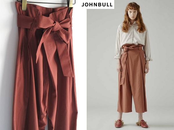 美品 JOHNBULL ジョンブル 2018AW ベルト付 ラップ風 タックワイドパンツ M ブリック 定価19800円 ドゥーズィエムクラス取扱ブランド_画像1