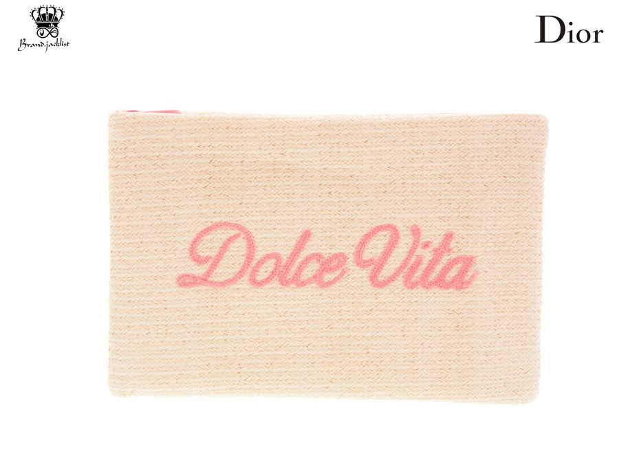 【New 新品】クリスチャンディオール Dior ノベルティ ポーチ ドルチェヴィータ Dolce Vita ベージュ ピンク刺繍