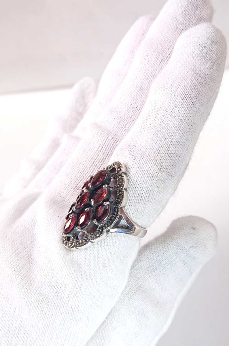 4566 SILVER925 гранат кольцо 18.5 номер серебряный 925 9 камень ma-ka сайт широкий античный retro красный красный натуральный камень .. камень красивый камень 