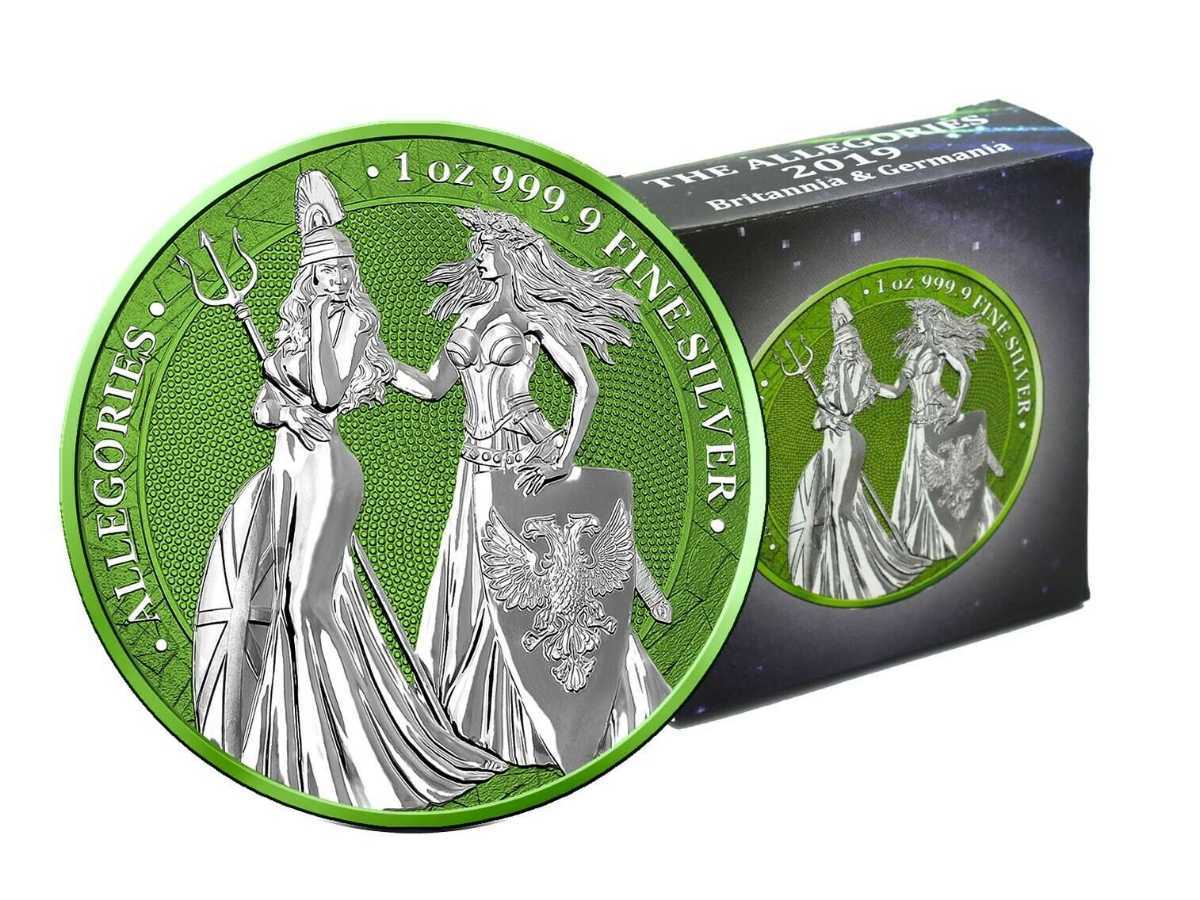 2019 ブリタニア と ゲルマニア 銀貨 アレゴリー スペース グリーン　箱、証明書と外箱付き