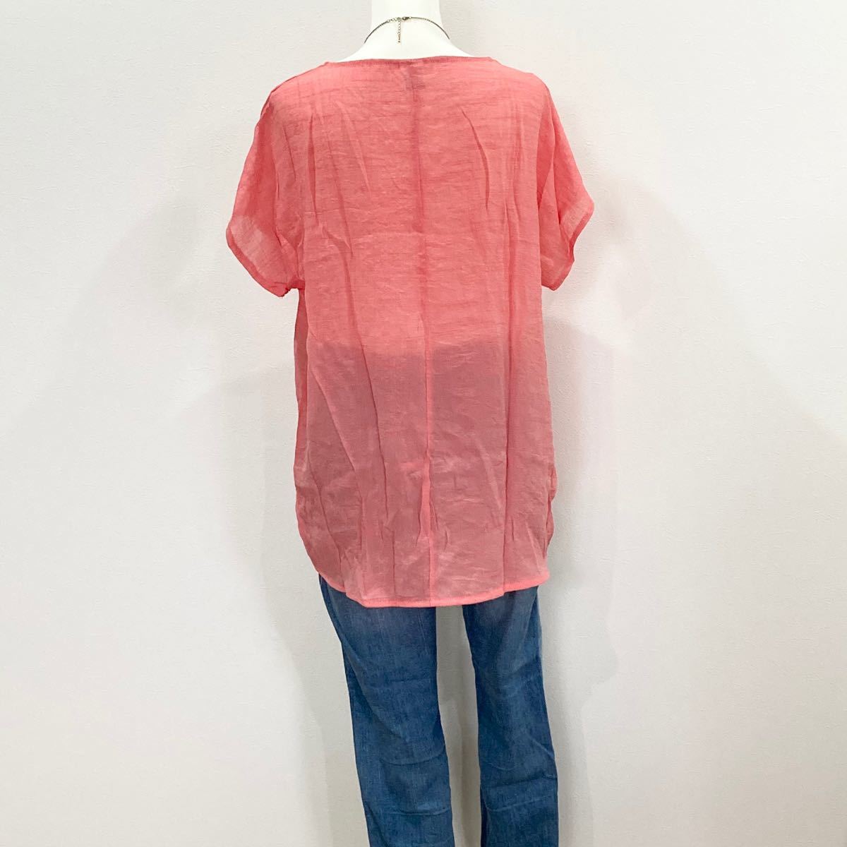 チュニック　カットソー　tシャツ　半袖　トップス　プルオーバー　シャツ　ワンピース　透け　インポート　輸入　韓国　赤　ピンク　Ｌ