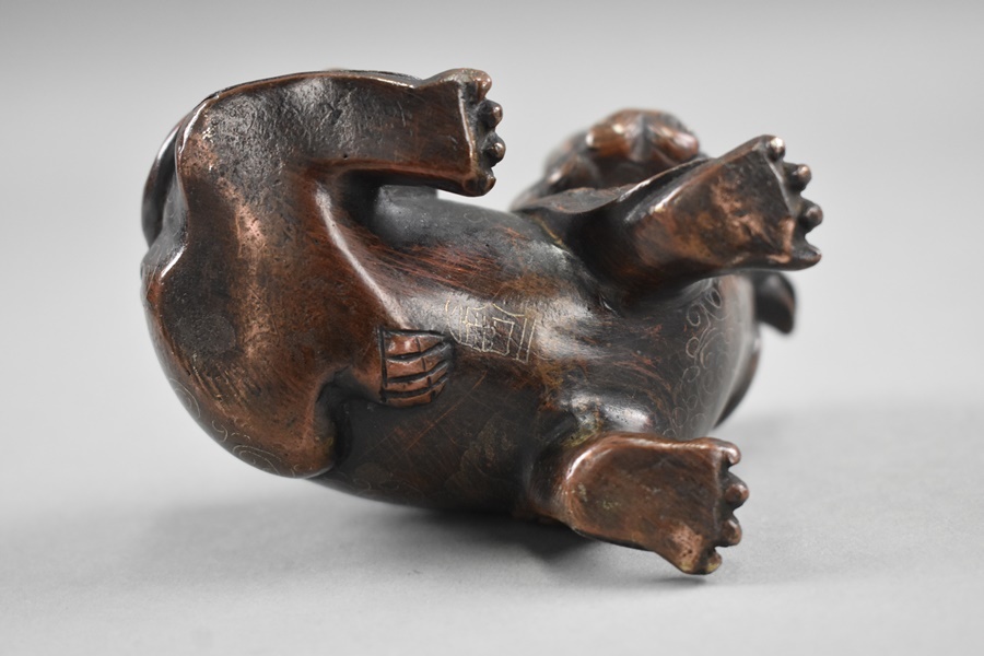 中国古玩 石叟 象嵌細工 古銅製 獅子一対 置物 箱付 細密細工 古美術品 