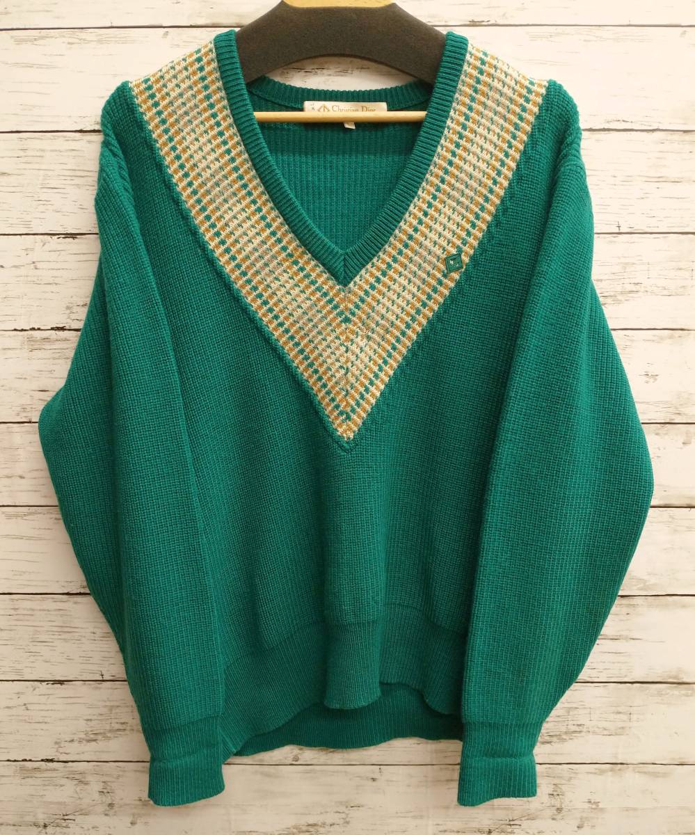 【送料込】 セーター ニット メンズ クリスチャンディオール Dior Christian Lサイズ 店舗受取可 クリーニング済み Vネック 緑 グリーン セーター