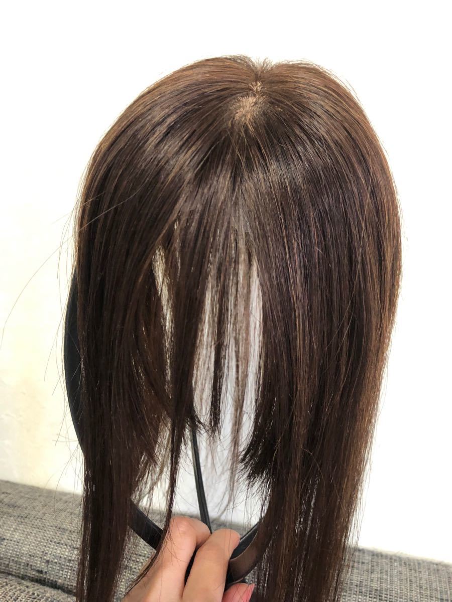 【26cmタイプ】前髪付き総手植え人毛100% 暗めブラウンヘアピースウィッグ