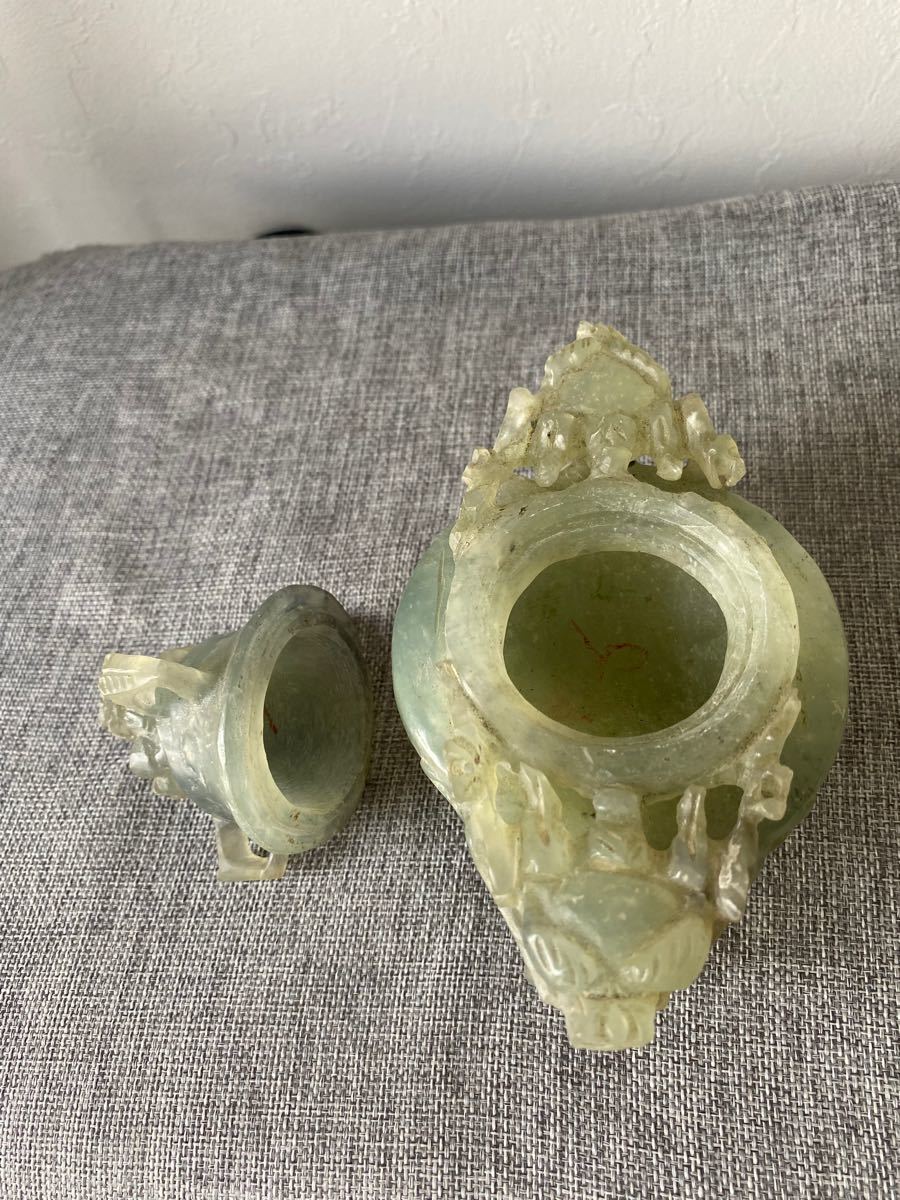 中国古美術/翠玉 玉石岫玉彫刻 透かし彫り香炉 レトロ レア物 中国古美術/翠玉 玉石岫玉彫刻 透かし彫り香炉 レトロ レア物