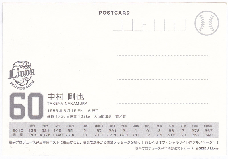 埼玉西武ライオンズ 2016年 選手プロデュース弁当特製ポストカード 中村剛也_画像2