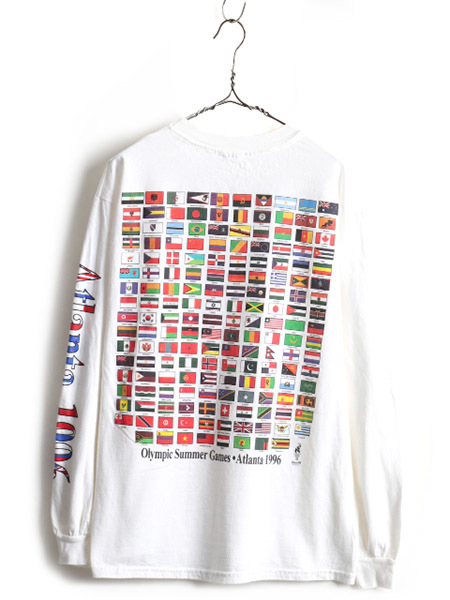 90's オールド ■ 1996 アトランタ オリンピック オフィシャル 3面 万国旗 プリント 長袖 Tシャツ ( メンズ L 程) 古着 90年代 ロンT 五輪