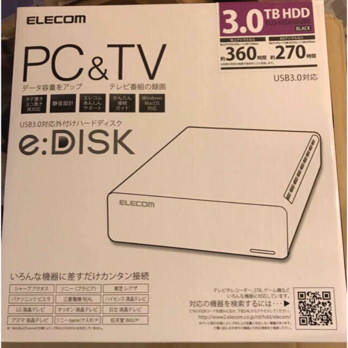 ★新品未使用★エレコム 3TB USB3.0 外付けハードディスク ELD-XED030UBK 外付けHDD