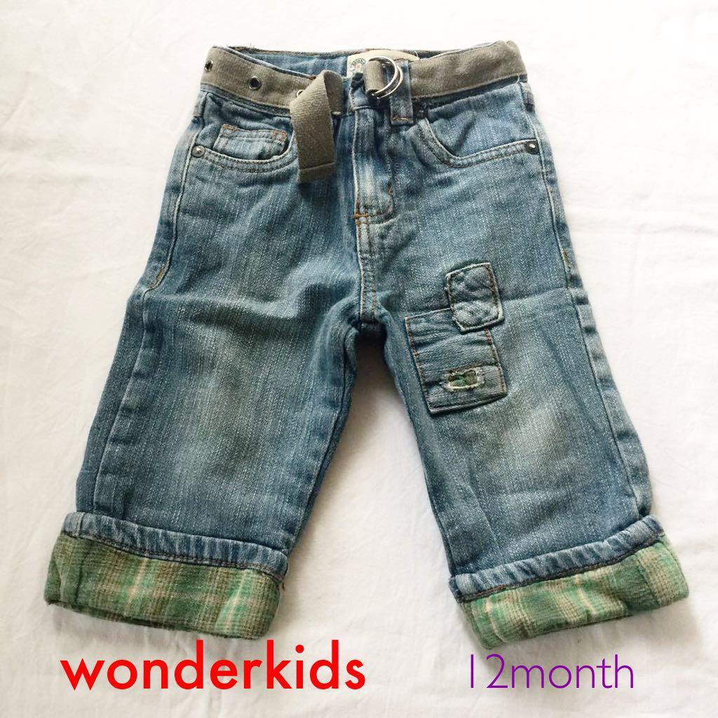 wonderkids デニムパンツ 内側グリーンチェック 12month 100%コットン 古着 -N13-_画像1