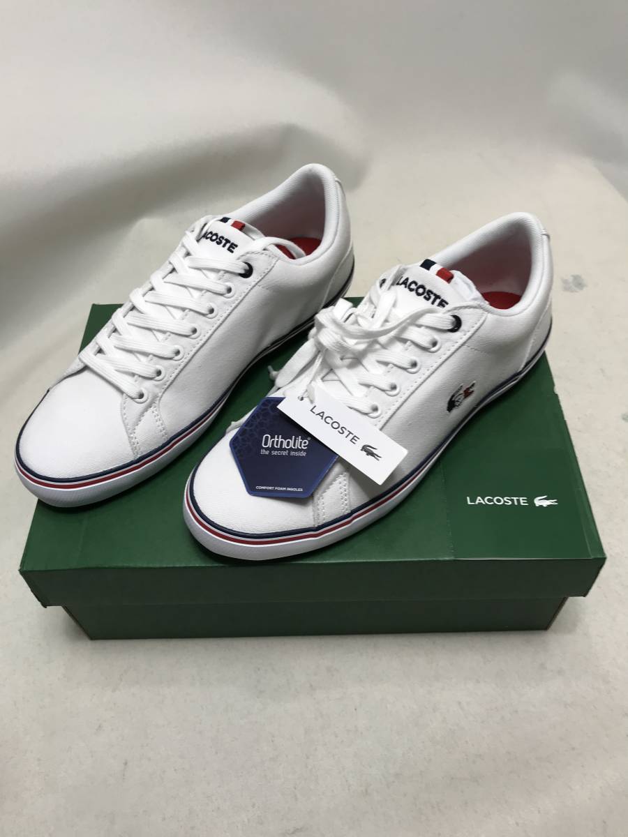 Lacoste ラコステ シューズ スニーカー 白 ネイビー ライン 未使用品 CAM0148 21G 41A 26センチ USA8.5 UK7.5_画像1