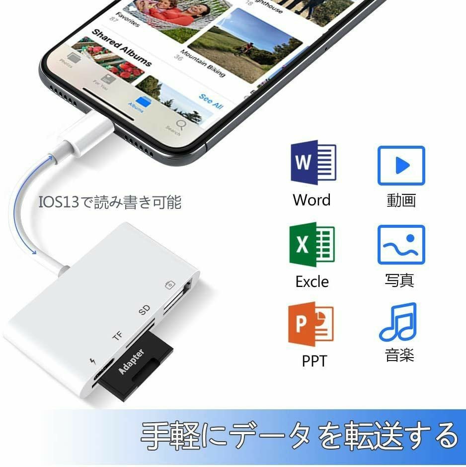 iPhone SD カードリーダー　最新 iOS14 双方向 データ転送　USB カメラ Office 資料 読み書き 