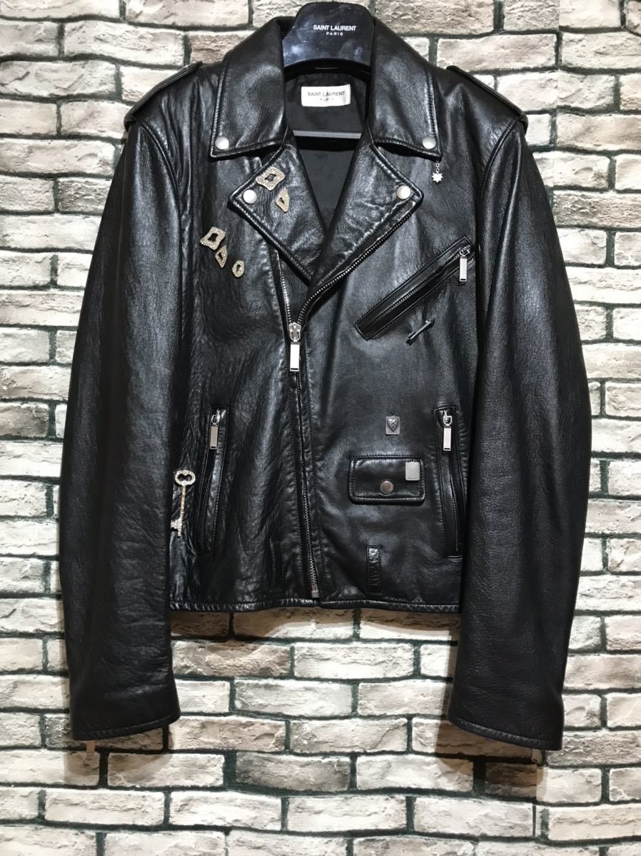  превосходный товар *SAINT LAURENT PARIS солнечный rolan Париж *472848 YC1DR значок кожа байкерская куртка 