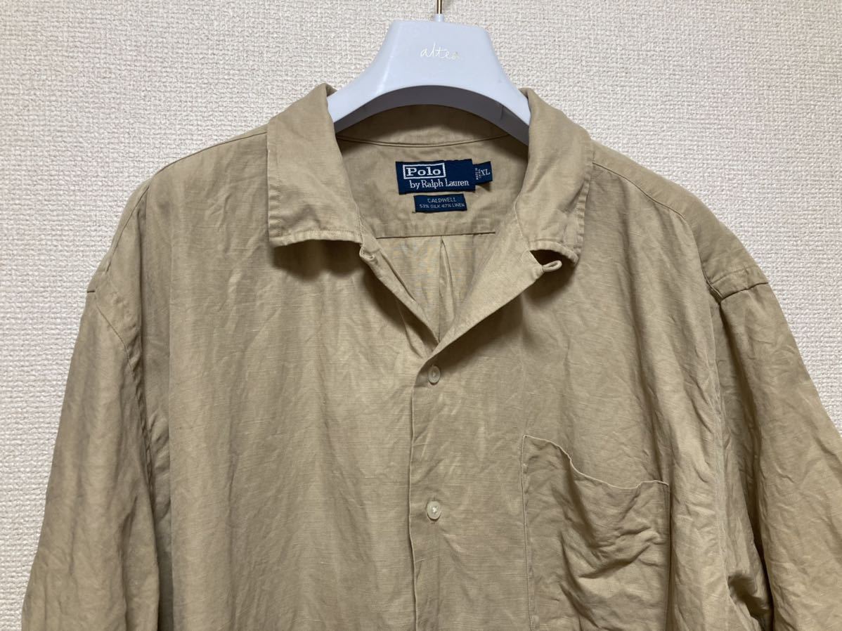 USA古着 90's Polo by Ralph Lauren ラルフローレン リネンシャツ シルクシャツ 半袖シャツ オープンカラーシャツ 無地 茶 XL /CALDWELL_画像5