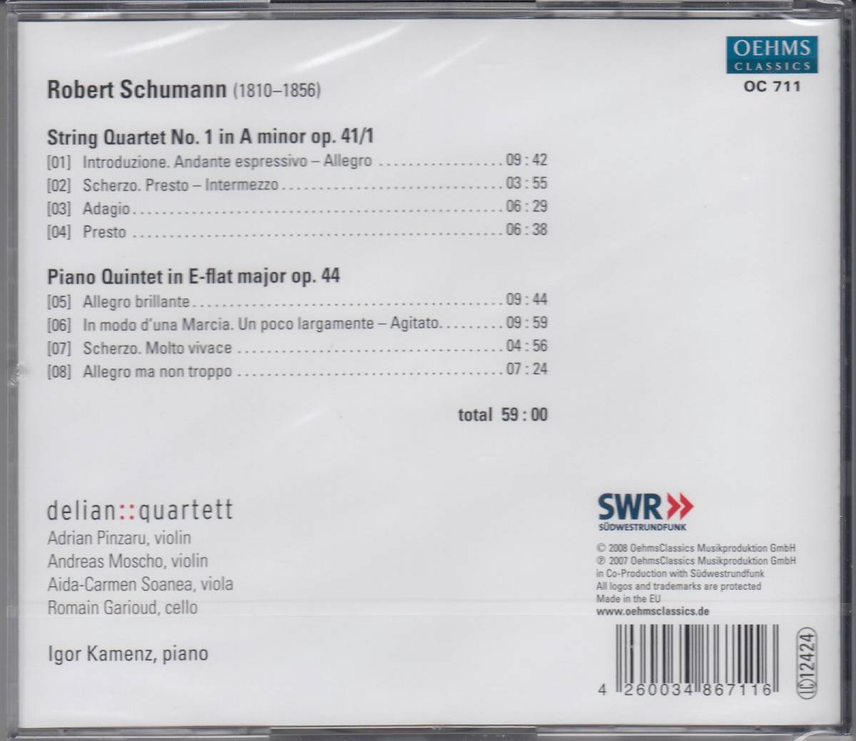[CD/Oehms]シューマン:弦楽四重奏曲第1番イ短調Op.41-1&ピアノ五重奏曲編ホ長調Op.44/I.カメンツ(p)&デリアン四重奏団 2007.3_画像2