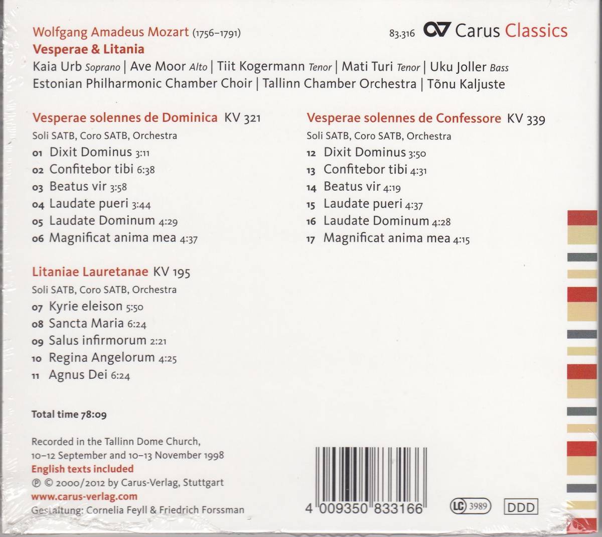 [CD/Carus]モーツァルト:主日のためのヴェスペレ K.321他/エストニア・フィルハーモニー室内合唱団&T.カリユステ&タリン室内管弦楽団_画像2