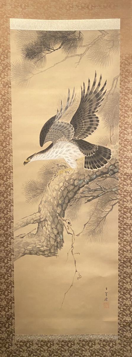 笹】 在銘 「松と鷹」 絹本 肉筆 掛軸 日本画 花鳥図 管理番号k- 笹】 在銘 「松と鷹」 絹本 肉筆 掛軸 日本画 花鳥図 管理番号k-