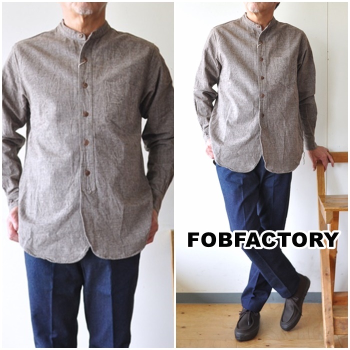 買い誠実 FACTORY　（FOBファクトリー）　エフオービーファクトリー　 FOB F3471 バンドカラーシャツ　サイズL ツイード Lサイズ