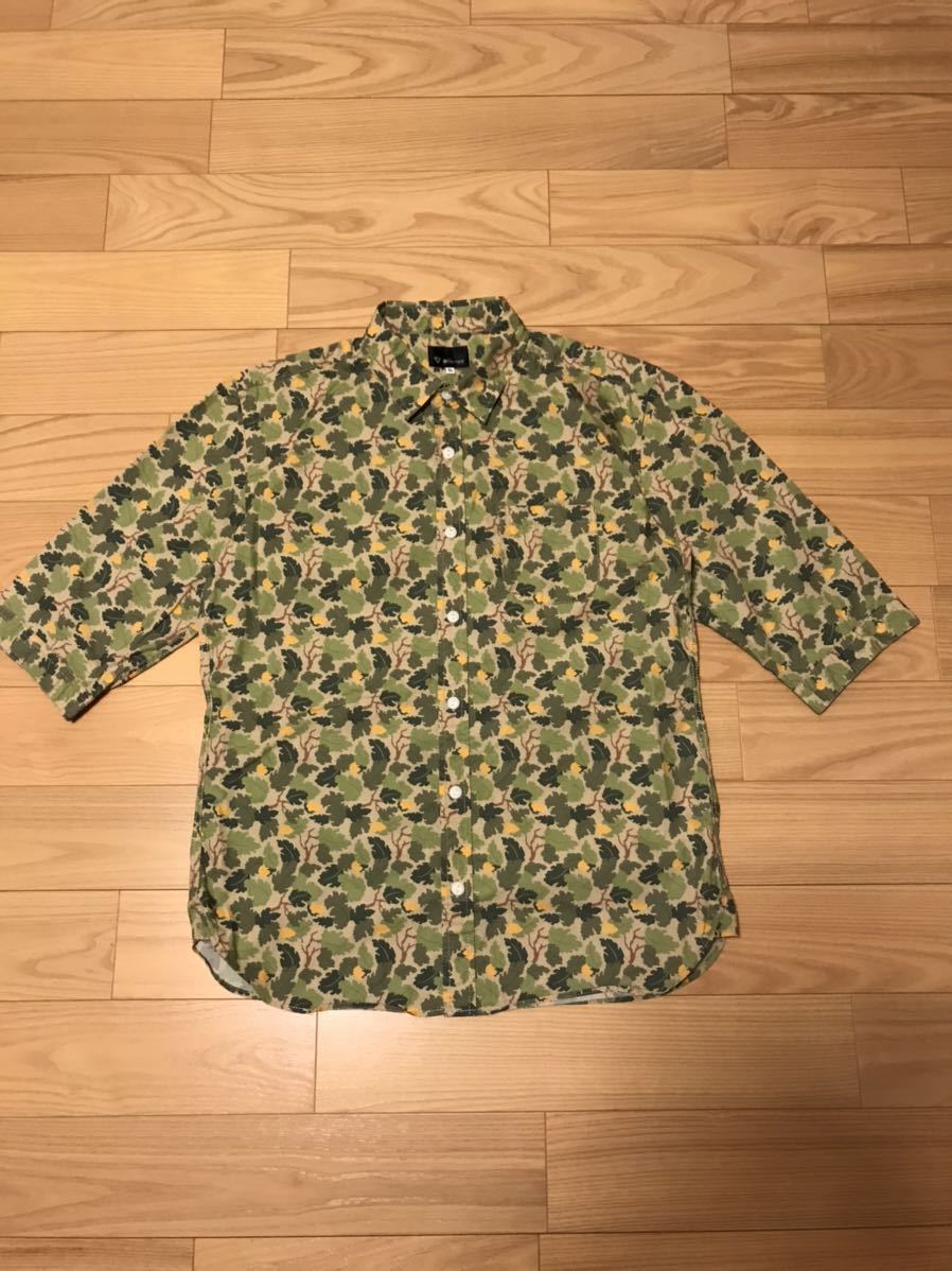  have on little . eyes. beautiful goods * Takeo Kikuchi |TK* size XL 5 minute sleeve? shirt rare camouflage. leaf. earth camouflage -ju total pattern Vintage cat eyes button!& inset attaching 