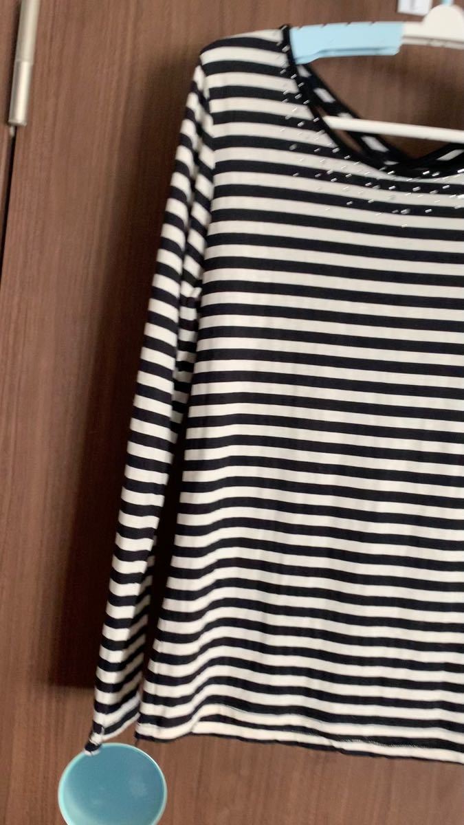 ラインストーン長袖Tシャツ カットソー ボーダー柄 フリーサイズ