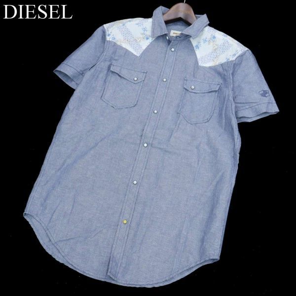 DIESEL ディーゼル ロゴ刺繍 フラワー 花柄切替★ 半袖 ウエスタン シャツ Sz.M　メンズ　A1T05603_5#A_画像1