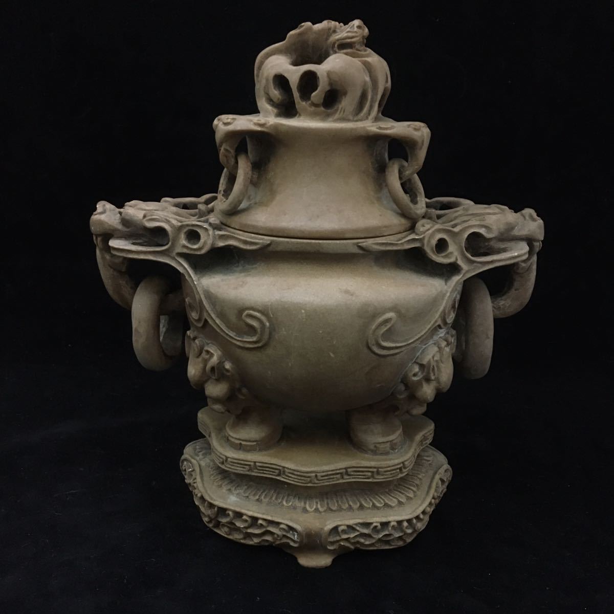 中国古美術 アンティーク 陶器 龍 獅子 香炉 蓋付き お香立て 中国骨董 彫刻品 高さ18cm 重さ1432g 古玩 古美術 C068